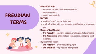 EROGENOUS ZONE
an area of the body sensitive to stimulation
pleasure centers
mouth, anus, genitals
FREUDIAN
TERMS
FIXATION
is getting "stuck" in a particular age
result of getting eith over or under gratification of erogenous
zone
2 Types of Oral Fixation
Oral Receptive- excessive smoking, drinking alcohol, overeating
Oral Aggressive- biting nails or pens, cursing, gossiping, overly
demanding
2 Types of Anal Fixation
Anal Retentive - overly neat, stingy, rigid
Anal Expulsive - very messy & disorganized
 