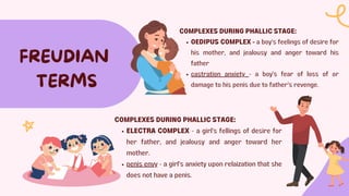 FREUDIAN
TERMS
COMPLEXES DURING PHALLIC STAGE:
OEDIPUS COMPLEX - a boy's feelings of desire for
his mother, and jealousy and anger toward his
father
castration anxiety - a boy's fear of loss of or
damage to his penis due to father's revenge.
COMPLEXES DURING PHALLIC STAGE:
ELECTRA COMPLEX - a girl's fellings of desire for
her father, and jealousy and anger toward her
mother.
penis envy - a girl's anxiety upon relaization that she
does not have a penis.
 
