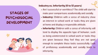 STAGES OF
PSYCHOSOCIAL
DEVELOPMENT
Industry vs. Inferiority (6 to 12 years)
Am I successful or worthless? The child will start to
make peer comparisons academically and socially.
Industry: Children with a sense of industry show
an interest in school work or tasks they are given
at home and display a responsible attitude.
Inferiority: Children with a sense of inferiority will
tend to display the opposite type of behavior, such
as being uninterested in school work or tasks they
are given because they feel they are not good
enough to complete those tasks successfully. Lack
of proficiency academically and socially leads to
inferiority.
 