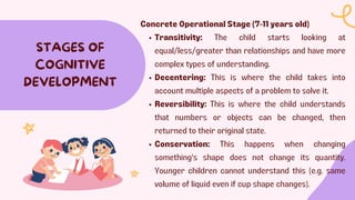 STAGES OF
COGNITIVE
DEVELOPMENT
Concrete Operational Stage (7-11 years old)
Transitivity: The child starts looking at
equal/less/greater than relationships and have more
complex types of understanding.
Decentering: This is where the child takes into
account multiple aspects of a problem to solve it.
Reversibility: This is where the child understands
that numbers or objects can be changed, then
returned to their original state.
Conservation: This happens when changing
something's shape does not change its quantity.
Younger children cannot understand this (e.g. same
volume of liquid even if cup shape changes).
 