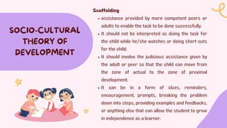 SOCIO-CULTURAL
THEORY OF
DEVELOPMENT
Scaffolding
assistance provided by more competent peers or
adults to enable the task to be done successfully.
It should not be interpreted as doing the task for
the child while he/she watches or doing short cuts
for the child.
It should involve the judicious assistance given by
the adult or peer so that the child can move from
the zone of actual to the zone of proximal
development.
It can be in a form of clues, reminders,
encouragement, prompts, breaking the problem
down into steps, providing examples and feedbacks,
or anything else that can allow the student to grow
in independence as a learner.
 