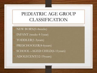 • NEW BORN(0-4weeks)
• INFANT (weeks 4-1year)
• TODDLER(1-3years)
• PRESCHOOLER(4-6years)
• SCHOOL –AGED CHILD(6-11years)
• ADOLECENT(12-19years)
PEDIATRIC AGE GROUP
CLASSIFICATION
 