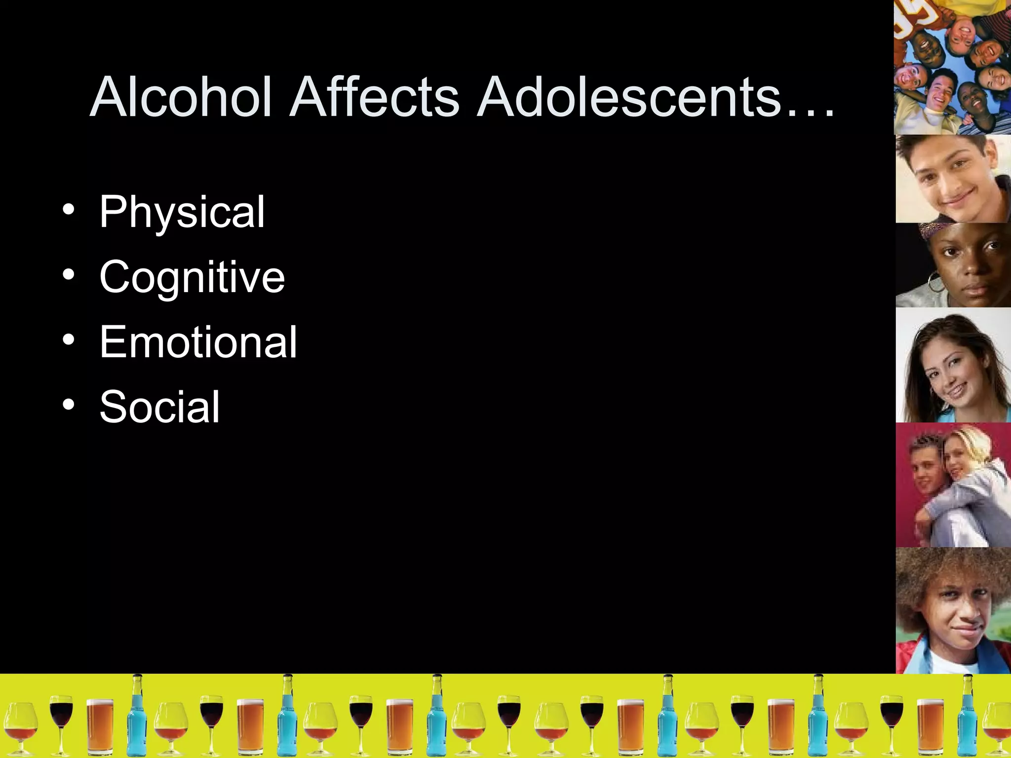 Alcohol Affects Adolescents… Physical Cognitive Emotional Social 