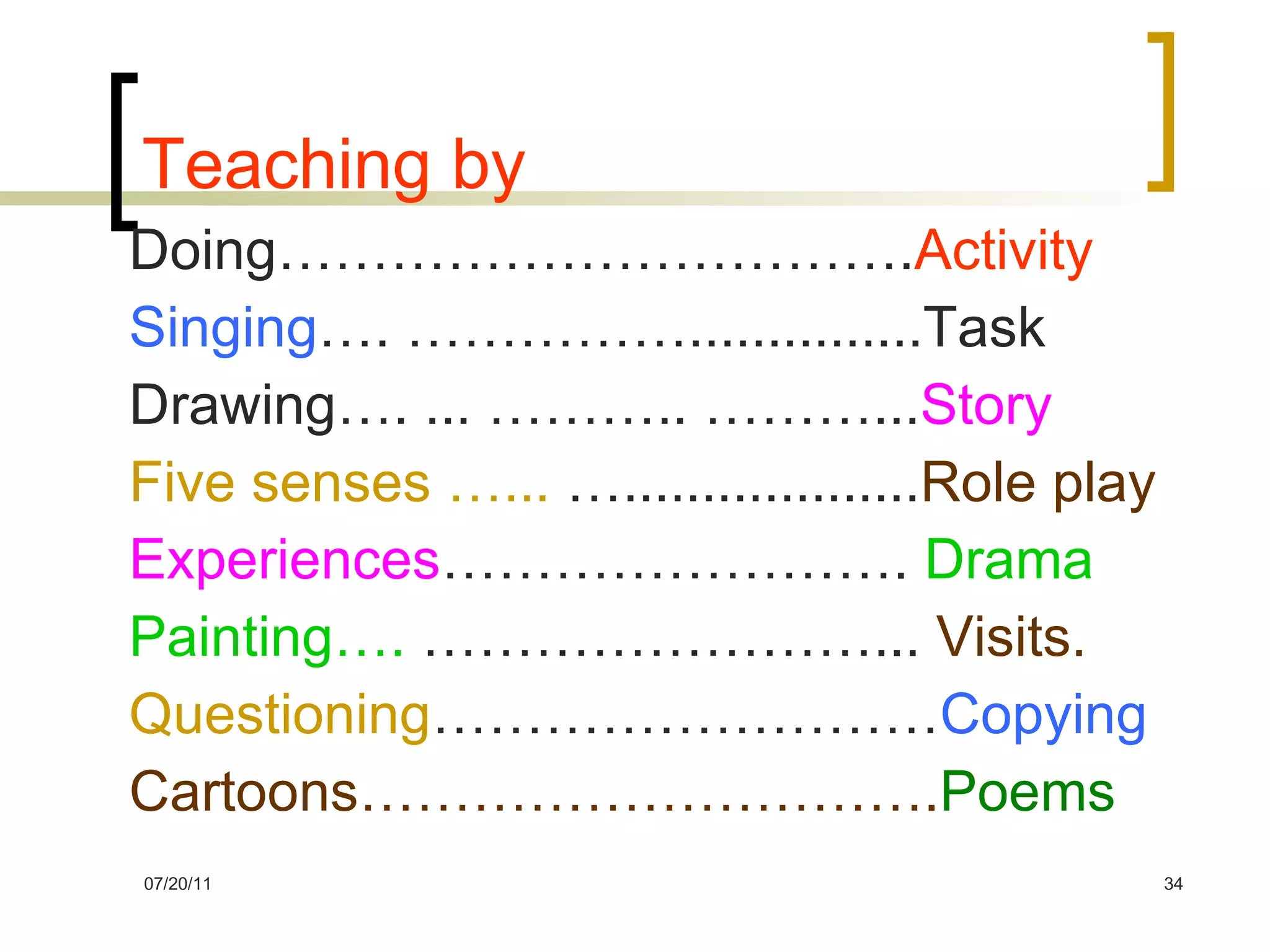 Teaching by Doing……………………………. Activity Singing …. ……………...............Task Drawing…. ... ……….. ………... Story Five senses …...  …................... Role play Experiences …………………….  Drama Painting….  ……………………...  Visits. Questioning ……………………… Copying Cartoons…………………………. Poems 