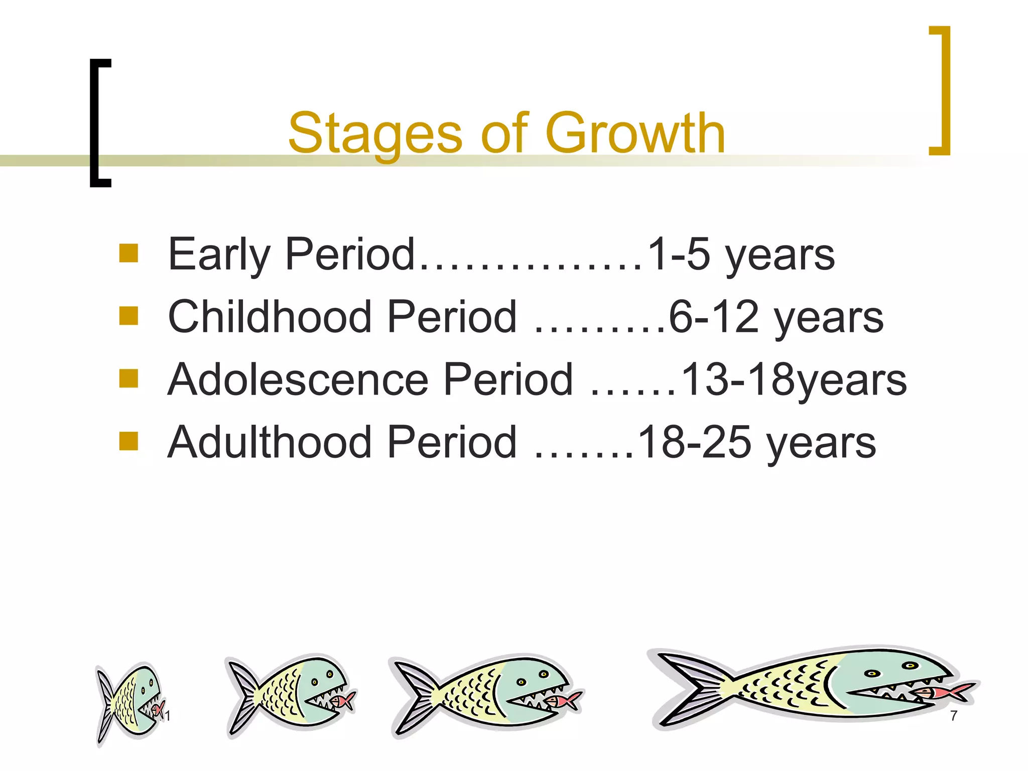 Stages of Growth Early Period……………1-5 years Childhood Period ………6-12 years Adolescence Period ……13-18years Adulthood Period …….18-25 years 
