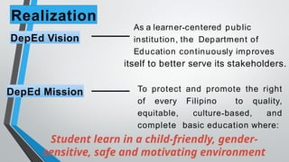 DepEd Vision
As a learner-centered public
institution, the Department of
Education continuously improves
itself to better serve its stakeholders.
Realization
DepEd Mission To protect and promote the right
of every Filipino to quality,
equitable, culture-based, and
complete basic education where:
Student learn in a child-friendly, gender-
sensitive, safe and motivating environment
 