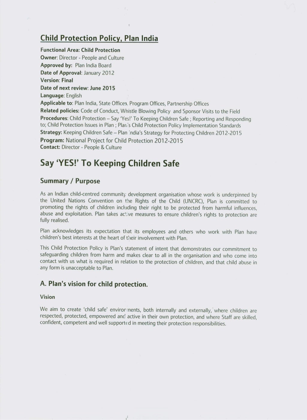 Child Protection Plan And Policy