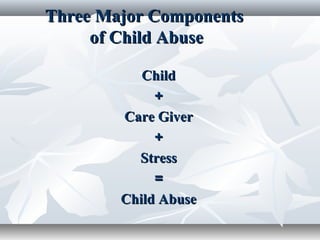 Three Major ComponentsThree Major Components
of Child Abuseof Child Abuse
ChildChild
++
Care GiverCare Giver
++
StressStress
==
Child AbuseChild Abuse
 
