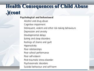 Health Consequences of Child AbuseHealth Consequences of Child Abuse
(cont(cont.).)
 
