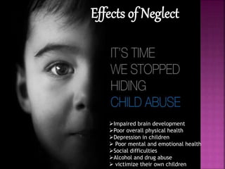 Impaired brain development
Poor overall physical health
Depression in children
 Poor mental and emotional health
Social difficulties
Alcohol and drug abuse
 victimize their own children
 