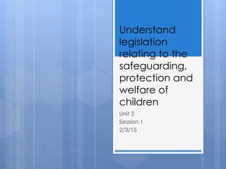 Understand
legislation
relating to the
safeguarding,
protection and
welfare of
children
Unit 2
Session 1
2/3/15
 
