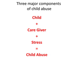 Three major components
of child abuse
Child
+
Care Giver
+
Stress
=
Child Abuse
 