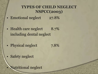 TYPES OF CHILD NEGLECT
NSPCC(2003)
• Emotional neglect 27.8%
• Health care neglect 8.7%
including dental neglect
• Physical neglect 7.8%
• Safety neglect
• Nutritional neglect
 