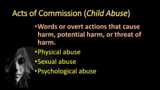 •Words or overt actions that cause
harm, potential harm, or threat of
harm.
•Physical abuse
•Sexual abuse
•Psychological abuse
 