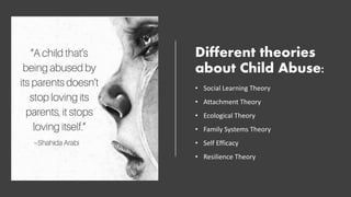 Different theories
about Child Abuse:
• Social Learning Theory
• Attachment Theory
• Ecological Theory
• Family Systems Theory
• Self Efficacy
• Resilience Theory
 