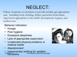 NEGLECT:  Behavior indicators:   Hunger Poor hygiene Excessive sleepiness Lack of appropriate supervision Unattended physical problems or medical needs Abandonment Inappropriate clothing for weather conditions Failure of parents or caretakers to provide needed, age appropriate care.  Including food, clothing, shelter, protection from harm, supervision appropriate to the child’s development, hygiene, and medical care. 
