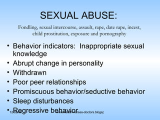 SEXUAL ABUSE:  Behavior indicators:  Inappropriate sexual knowledge Abrupt change in personality Withdrawn Poor peer relationships Promiscuous behavior/seductive behavior Sleep disturbances Regressive behavior Fondling, sexual intercourse, assault, rape, date rape, incest, child prostitution, exposure and pornography 