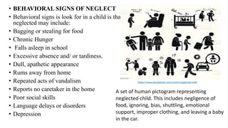 • BEHAVIORAL SIGNS OF NEGLECT
• Behavioral signs is look for in a child is that
neglected may include:
• Bagging or stealing for food
• Chronic Hunger
• Falls asleep in school
• Excessive absence and/ or tardiness.
• Dull, apathetic appearance
• Rums away from home
• Repeated acts of vandalism
• Reports no caretaker in the home
• Poor social skills
• Language delays or disorders
• Depression
https://www.istockphoto.com/vector/neglected-child
A set of human pictogram representing
neglected child. This includes negligence of
food, ignoring, bias, shuttling, emotional
support, improper clothing, and leaving a baby
in the car.
 