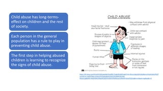 Child abuse has long-terms-
effect on children and the rest
of society.
Each person in the general
population has a rule to play in
preventing child abuse.
The first step in helping abused
children is learning to recognize
the signs of child abuse.
https://th.bing.com/th/id/R.45b1ded3dc91ddf8172e8c852b955a63?rik=Ohu1zrBqzQS%2bjA&riu=http%3a%2f%2f
cacmercer.org%2fwp-content%2fuploads%2f2015%2f09%2fChild-
Abuse.jpg&ehk=4cBuhM%2fXqtd%2bDV%2b92VKSbftezec5II9y4iEiYe3sFZQ%3d&risl=&pid=ImgRaw&r=0
 