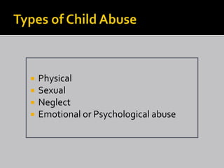    Physical
   Sexual
   Neglect
   Emotional or Psychological abuse
 