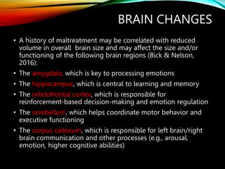 BRAIN CHANGES
• A history of maltreatment may be correlated with reduced
volume in overall brain size and may affect the size and/or
functioning of the following brain regions (Bick & Nelson,
2016):
• The amygdala, which is key to processing emotions
• The hippocampus, which is central to learning and memory
• The orbitofrontal cortex, which is responsible for
reinforcement-based decision-making and emotion regulation
• The cerebellum, which helps coordinate motor behavior and
executive functioning
• The corpus callosum, which is responsible for left brain/right
brain communication and other processes (e.g., arousal,
emotion, higher cognitive abilities)
 
