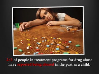 2/3 of people in treatment programs for drug abuse
 have reported being abused in the past as a child.
 