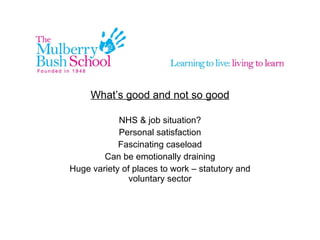 What’s good and not so good NHS & job situation? Personal satisfaction Fascinating caseload Can be emotionally draining Huge variety of places to work – statutory and voluntary sector