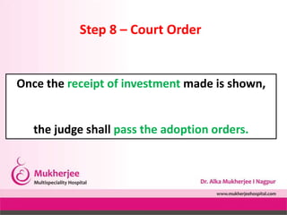 Once the receipt of investment made is shown,
the judge shall pass the adoption orders.
Step 8 – Court Order
 