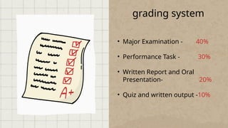 grading system
• Major Examination - 40%
• Performance Task - 30%
• Written Report and Oral
Presentation- 20%
• Quiz and written output -10%
 