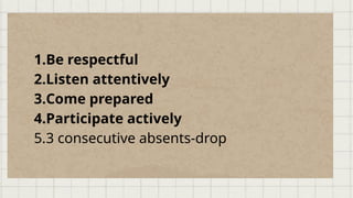 1.Be respectful
2.Listen attentively
3.Come prepared
4.Participate actively
5.3 consecutive absents-drop
 