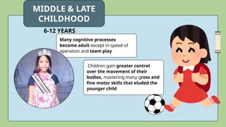 Many cognitive processes
become adult except in speed of
operation and team play
MIDDLE & LATE
CHILDHOOD
Children gain greater control
over the movement of their
bodies, mastering many gross and
fine motor skills that eluded the
younger child
6-12 YEARS
 