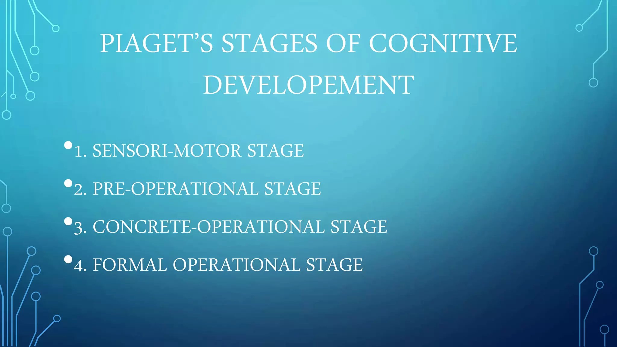 PIAGET’S STAGES OF COGNITIVE
DEVELOPEMENT
•1. SENSORI-MOTOR STAGE
•2. PRE-OPERATIONAL STAGE
•3. CONCRETE-OPERATIONAL STAGE
•4. FORMAL OPERATIONAL STAGE
 