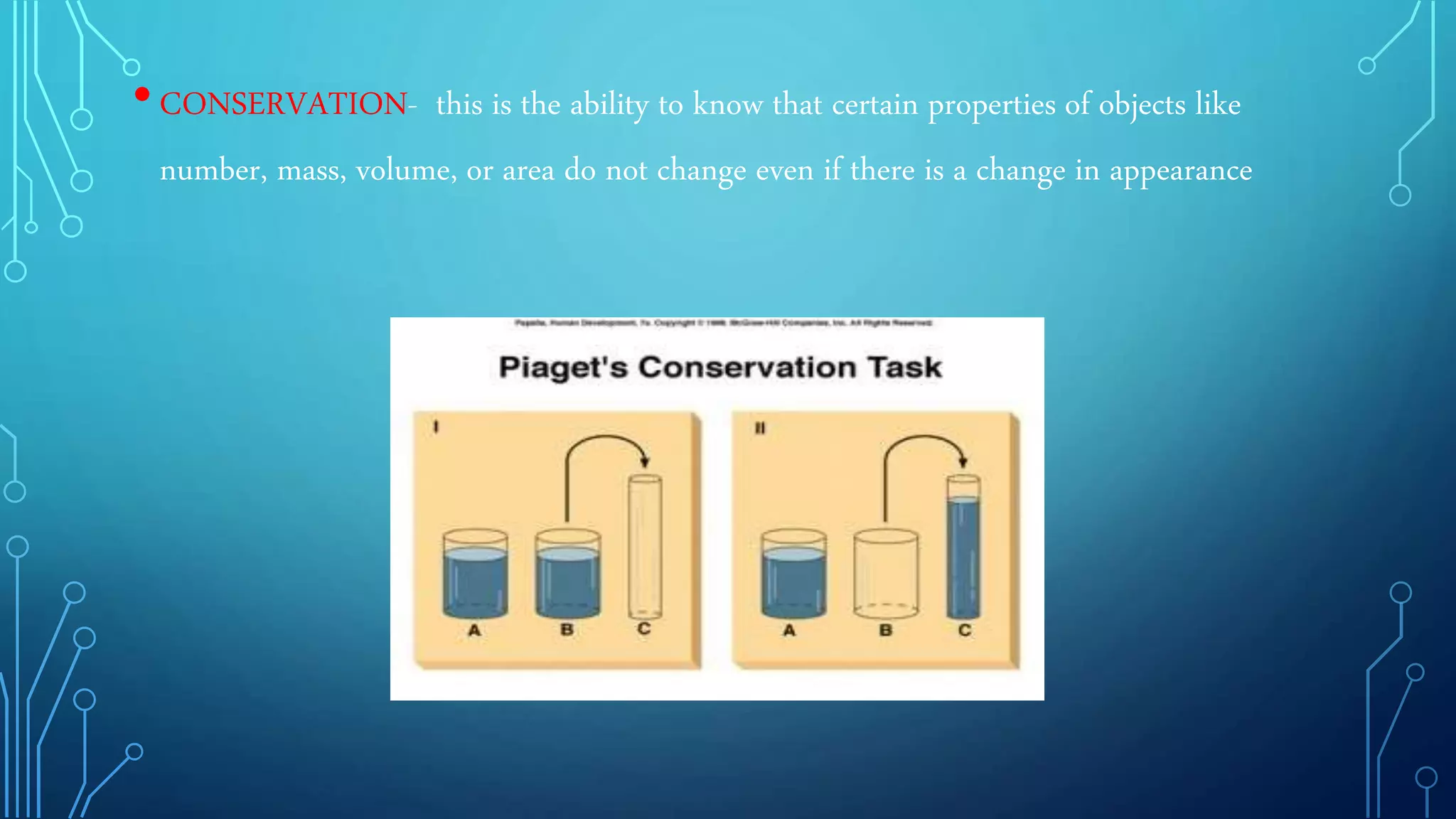 •CONSERVATION- this is the ability to know that certain properties of objects like
number, mass, volume, or area do not change even if there is a change in appearance
 