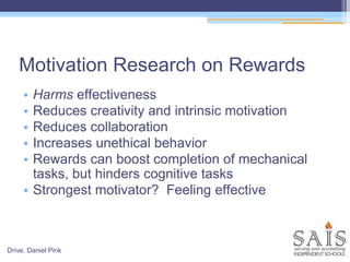 Motivation Research on Rewards
• Harms effectiveness
• Reduces creativity and intrinsic motivation
• Reduces collaboration
• Increases unethical behavior
• Rewards can boost completion of mechanical
tasks, but hinders cognitive tasks
• Strongest motivator? Feeling effective
Drive, Daniel Pink
 