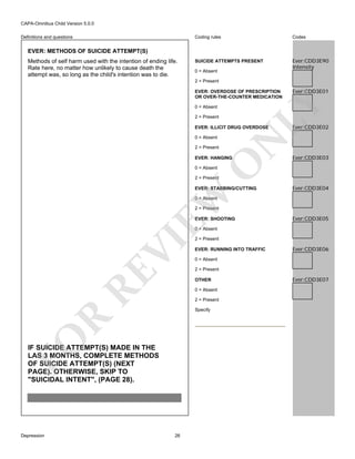 CAPA-Omnibus Child Version 5.0.0
Coding rules

Definitions and questions

Codes

SUICIDE ATTEMPTS PRESENT

Ever:CDD3E90
Intensity

EVER: METHODS OF SUICIDE ATTEMPT(S)
Methods of self harm used with the intention of ending life.
Rate here, no matter how unlikely to cause death the
attempt was, so long as the child's intention was to die.

0 = Absent
2 = Present

0 = Absent
2 = Present

2 = Present

N

EVER: ILLICIT DRUG OVERDOSE
0 = Absent

Ever:CDD3E01

LY

EVER: OVERDOSE OF PRESCRIPTION
OR OVER-THE-COUNTER MEDICATION

O

EVER: HANGING

Ever:CDD3E02

Ever:CDD3E03

0 = Absent

2 = Present

EW

EVER: STABBING/CUTTING

Ever:CDD3E04

0 = Absent

2 = Present
EVER: SHOOTING

Ever:CDD3E05

RE

VI

0 = Absent

EVER: RUNNING INTO TRAFFIC

2 = Present

0 = Absent
2 = Present

FO

R

Specify

26

Ever:CDD3E06

0 = Absent

OTHER

IF SUICIDE ATTEMPT(S) MADE IN THE
LAS 3 MONTHS, COMPLETE METHODS
OF SUICIDE ATTEMPT(S) (NEXT
PAGE). OTHERWISE, SKIP TO
"SUICIDAL INTENT", (PAGE 28).

Depression

2 = Present

Ever:CDD3E07

 
