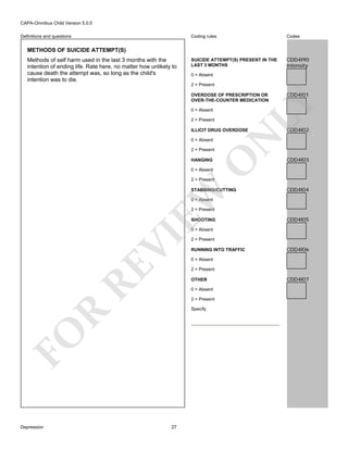 CAPA-Omnibus Child Version 5.0.0
Coding rules

Definitions and questions

Codes

SUICIDE ATTEMPT(S) PRESENT IN THE
LAST 3 MONTHS

CDD4I90
Intensity

METHODS OF SUICIDE ATTEMPT(S)
Methods of self harm used in the last 3 months with the
intention of ending life. Rate here, no matter how unlikely to
cause death the attempt was, so long as the child's
intention was to die.

0 = Absent
2 = Present

0 = Absent
2 = Present

O

2 = Present

N

ILLICIT DRUG OVERDOSE
0 = Absent

CDD4I01

LY

OVERDOSE OF PRESCRIPTION OR
OVER-THE-COUNTER MEDICATION

HANGING

CDD4I02

CDD4I03

0 = Absent

2 = Present

EW

STABBING/CUTTING

CDD4I04

0 = Absent

2 = Present
SHOOTING

CDD4I05

RE

VI

0 = Absent

RUNNING INTO TRAFFIC

CDD4I06

0 = Absent
2 = Present
OTHER
0 = Absent
2 = Present

R

Specify

FO
Depression

2 = Present

27

CDD4I07

 