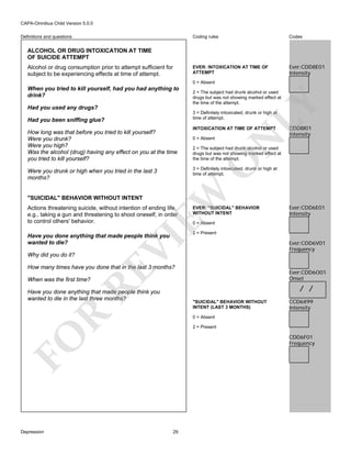 CAPA-Omnibus Child Version 5.0.0
Coding rules

Codes

EVER: INTOXICATION AT TIME OF
ATTEMPT

Definitions and questions

Ever:CDD8E01
Intensity

ALCOHOL OR DRUG INTOXICATION AT TIME
OF SUICIDE ATTEMPT
Alcohol or drug consumption prior to attempt sufficient for
subject to be experiencing effects at time of attempt.

0 = Absent
2 = The subject had drunk alcohol or used
drugs but was not showing marked effect at
the time of the attempt.

Had you used any drugs?

LY

When you tried to kill yourself, had you had anything to
drink?

3 = Definitely intoxicated, drunk or high at
time of attempt.

0 = Absent

2 = The subject had drunk alcohol or used
drugs but was not showing marked effect at
the time of the attempt.

EW

Actions threatening suicide, without intention of ending life,
e.g., taking a gun and threatening to shoot oneself, in order
to control others' behavior.

EVER: "SUICIDAL" BEHAVIOR
WITHOUT INTENT
0 = Absent

VI

Ever:CDD6V01
Frequency

RE

How many times have you done that in the last 3 months?

Ever:CDD6O01
Onset

When was the first time?

/ /

Have you done anything that made people think you
wanted to die in the last three months?

R

"SUICIDAL" BEHAVIOR WITHOUT
INTENT (LAST 3 MONTHS)

CCD6X99
Intensity

0 = Absent
2 = Present

CDD6F01
Frequency

FO
Depression

Ever:CDD6E01
Intensity

2 = Present

Have you done anything that made people think you
wanted to die?
Why did you do it?

CDD8I01
Intensity

3 = Definitely intoxicated, drunk or high at
time of attempt.

Were you drunk or high when you tried in the last 3
months?

"SUICIDAL" BEHAVIOR WITHOUT INTENT

INTOXICATION AT TIME OF ATTEMPT

N

How long was that before you tried to kill yourself?
Were you drunk?
Were you high?
Was the alcohol (drug) having any effect on you at the time
you tried to kill yourself?

O

Had you been sniffing glue?

29

 