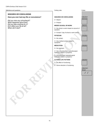 CAPA-Omnibus Child Version 5.0.0
Coding rules

Codes

Have you ever had any fits or convulsions?

SEIZURES OR CONVULSIONS

Did you miss any school/work?
What happened about that?
Did you take anything for it?
Dit it affect your life at all?
When did it start?

0 = Absent

CEB2X01
Intensity

Definitions and questions

SEIZURES OR CONVULSIONS

2 = Present
MISSED SCHOOL OR WORK

CEB2I01

LY

0 = No school or work missed on account of
symptom.
2 = At least 1 day of school or work missed.

CEB2I02

PHYSICIAN

N

0 = No contact.

O

2 = Any medical contact related to
symptoms.
MEDICATION

CEB2I03

0 = No treatment.

EW

2 = Any non-prescribed medical/surgical
treatment related to symptoms.
3 = Any prescribed medical/surgical
treatment related to symptoms.
ALTERED LIFE PATTERN

CEB2I04

0 = No effect on functioning.

FO

R

RE

VI

2 = Some reduction in functioning.

15

CEB2O01
Onset

/ /

 