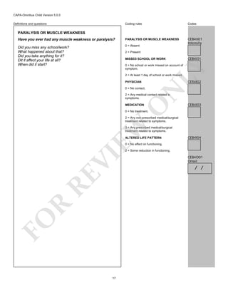 CAPA-Omnibus Child Version 5.0.0
Coding rules

Codes

Have you ever had any muscle weakness or paralysis?

PARALYSIS OR MUSCLE WEAKNESS

Did you miss any school/work?
What happened about that?
Did you take anything for it?
Dit it affect your life at all?
When did it start?

0 = Absent

CEB4X01
Intensity

Definitions and questions

PARALYSIS OR MUSCLE WEAKNESS

2 = Present
MISSED SCHOOL OR WORK

CEB4I01

LY

0 = No school or work missed on account of
symptom.
2 = At least 1 day of school or work missed.

CEB4I02

PHYSICIAN

N

0 = No contact.

O

2 = Any medical contact related to
symptoms.
MEDICATION

CEB4I03

0 = No treatment.

EW

2 = Any non-prescribed medical/surgical
treatment related to symptoms.
3 = Any prescribed medical/surgical
treatment related to symptoms.
ALTERED LIFE PATTERN

CEB4I04

0 = No effect on functioning.

FO

R

RE

VI

2 = Some reduction in functioning.

17

CEB4O01
Onset

/ /

 