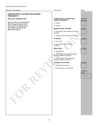 CAPA-Omnibus Child Version 5.0.0
Coding rules

Codes

VOMITING SPELLS (OTHER THAN
DURING PREGNANCY)

Definitions and questions

CEC0X01
Intensity

VOMITING SPELLS (OTHER THAN DURING
PREGNANCY)
Have you vomited at all?
Did you miss any school/work?
What happened about that?
Did you take anything for it?
Dit it affect your life at all?
When did it start?

0 = Absent
2 = Present

CEC0I01

LY

MISSED SCHOOL OR WORK

0 = No school or work missed on account of
symptom.

PHYSICIAN

N

2 = At least 1 day of school or work missed.

CEC0I02

0 = No contact.

O

2 = Any medical contact related to
symptoms.
MEDICATION

CEC0I03

EW

0 = No treatment.

2 = Any non-prescribed medical/surgical
treatment related to symptoms.
3 = Any prescribed medical/surgical
treatment related to symptoms.
ALTERED LIFE PATTERN

CEC0I04

FO

R

RE

VI

0 = No effect on functioning.

23

2 = Some reduction in functioning.

CEC0O01
Onset

/ /

 