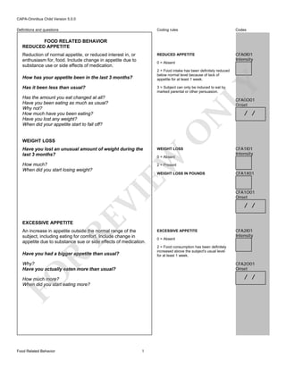 CAPA-Omnibus Child Version 5.0.0
Coding rules

Codes

REDUCED APPETITE

Definitions and questions

CFA0I01
Intensity

FOOD RELATED BEHAVIOR
REDUCED APPETITE
Reduction of normal appetite, or reduced interest in, or
enthusiasm for, food. Include change in appetite due to
substance use or side effects of medication.

0 = Absent
2 = Food intake has been definitely reduced
below normal level because of lack of
appetite for at least 1 week.

LY

How has your appetite been in the last 3 months?
Has it been less than usual?

3 = Subject can only be induced to eat by
marked parental or other persuasion.

Has the amount you eat changed at all?
Have you been eating as much as usual?
Why not?
How much have you been eating?
Have you lost any weight?
When did your appetite start to fall off?

WEIGHT LOSS

O

N

CFA0O01
Onset

WEIGHT LOSS

How much?
When did you start losing weight?

CFA1I01
Intensity

2 = Present

EW

Have you lost an unusual amount of weight during the
last 3 months?

/ /

0 = Absent

RE

VI

WEIGHT LOSS IN POUNDS

CFA1X01

CFA1O01
Onset

/ /

EXCESSIVE APPETITE

An increase in appetite outside the normal range of the
subject, including eating for comfort. Include change in
appetite due to substance sue or side effects of medication.

0 = Absent

CFA2I01
Intensity

2 = Food consumption has been definitely
increased above the subject's usual level
for at least 1 week.

R

Have you had a bigger appetite than usual?

CFA2O01
Onset

FO

Why?
Have you actually eaten more than usual?

/ /

How much more?
When did you start eating more?

Food Related Behavior

EXCESSIVE APPETITE

1

 