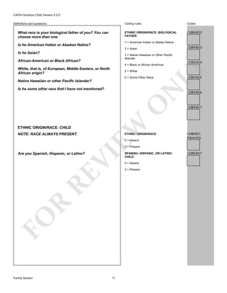 CAPA-Omnibus Child Version 5.0.0
Coding rules

What race is your biological father of you? You can
choose more than one.

Codes

ETHNIC ORIGIN/RACE: BIOLOGICAL
FATHER

Definitions and questions

CUB4X02

1 = American Indian or Alaska Native

Is he American Indian or Alaskan Native?

CUB4X03

2 = Asian

Is he Asian?

3 = Native Hawaiian or Other Pacific
Islander

African-American or Black African?
White, that is, of European, Middle Eastern, or North
African origin?

5 = White
6 = Some Other Race

Native Hawaiian or other Pacific Islander?

ETHNIC ORIGIN/RACE: CHILD
NOTE: RACE ALWAYS PRESENT.

EW

O

N

Is he some other race that I have not mentioned?

CUB4X04

LY

4 = Black or African American

ETHNIC ORIGIN/RACE
0 = Absent

CUB4X05

CUB4X06

CUB4X07

CUB5I01
Intensity

2 = Present

FO

R

RE

VI

Are you Spanish, Hispanic, or Latino?

Family Section

11

SPANISH, HISPANIC, OR LATINO:
CHILD
0 = Absent
2 = Present

CUB5X01

 