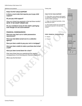 CAPA-Omnibus Child Version 5.0.0
Coding rules

Codes

FAILS TO PAY CHILD SUPPORT

Definitions and questions

CGK1I01
Intensity

FAILS TO PAY CHILD SUPPORT
Is there a court order that requires you to pay child
support?

0 = Pays either court-ordered child support
or voluntarily contributes more than $20 per
month to child's upbringing.

Do you pay child support?

1 = Does not contribute financially, or less
than $20 per month.

LY

Have you missed any payments in the last three months?
NOTE: IF NO COURT ORDER ASK

FINANCIAL CONSEQUENCES

N

2 = Has missed at least one court-ordered
child support payment in the last three
months.

Do you contribute money for the child's upbringing
even though it is not court-ordered?

Have you ever had a car or other possessions
repossessed?

EVER: FINANCIAL CONSEQUENCES

Have you had debts turned over to a collection
agency?

Ever:CGL1E01
Intensity

2 = Present

O

0 = Absent

EW

Have you been unable to pay your rent or mortgage?
Have you been unable to make a purchase due to bad
credit?
Have you been turned down for a loan?

FO

R

RE

When was the first time?

VI

How many times have you experienced the negative
consequences of not honoring prior financial obligations?

Conduct Problems

3

Ever:CGL1V01
Frequency

Ever:CGL1O01
Onset

/ /

 