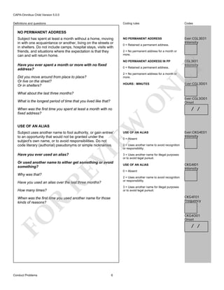 CAPA-Omnibus Child Version 5.0.0
Coding rules

Definitions and questions

Codes

NO PERMANENT ADDRESS

Ever:CGL3E01
Intensity

NO PERMANENT ADDRESS
Subject has spent at least a month without a home, moving
in with one acquaintance or another, living on the streets or
in shelters. Do not include camps, hospital stays, visits with
friends, and situations where the expectation is that they
can and will return home.

0 = Retained a permanent address.
2 = No permanent address for a month or
more.

0 = Retained a permanent address.

2 = No permanent address for a month or
more.

Did you move around from place to place?
Or live on the street?
Or in shelters?

N

HOURS : MINUTES

What is the longest period of time that you lived like that?

EW

When was the first time you spent at least a month with no
fixed address?

VI

Subject uses another name to fool authority, or gain entree'
to an opportunity that would not be granted under the
subject's own name, or to avoid responsibilities. Do not
code literary (authorial) pseudonyms or simple nicknames.
Have you ever used an alias?

RE

Or used another name to either get something or avoid
something?
Why was that?

0 = Absent

Ever:CGL3O01
Onset

/ /

Ever:CKG4E01
Intensity

2 = Uses another name to avoid recognition
or responsibility.
3 = Uses another name for illegal purposes
or to avoid legal pursuit.
USE OF AN ALIAS
0 = Absent

CKG4I01
Intensity

3 = Uses another name for illegal purposes
or to avoid legal pursuit.

CKG4F01
Frequency

FO

R

When was the first time you used another name for those
kinds of reasons?

Conduct Problems

USE OF AN ALIAS

Ever:CGL3D01

2 = Uses another name to avoid recognition
or responsibility.

Have you used an alias over the last three months?
How many times?

O

What about the last three months?

USE OF AN ALIAS

CGL3I01
Intensity

LY

NO PERMANENT ADDRESS IN PP

Have you ever spent a month or more with no fixed
address?

CKG4O01
Onset

/ /

6

 
