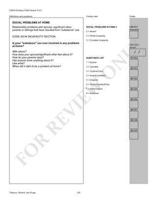 CAPA-Omnibus Child Version 5.0.0
Coding rules

Codes

Relationship problems with spouse, significant other,
parents or siblings that have resulted from "substance" use.

SOCIAL PROBLEMS IN FAMILY

CIB1I01
Intensity

CODE AS IN INCAPACITY SECTION.

2 = Partial incapacity

Definitions and questions

SOCIAL PROBLEMS AT HOME

0 = Absent

3 = Complete incapacity

Is your "substance" use ever involved in any problems
at home?

LY

CIB1O01
Onset

/ /

With whom?
How does your spouse/significant other feel about it?
How do your parents react?
Has anyone done anything about it?
Like what?
When did it start to be a problem at home?

1 = Alcohol
2 = Cannabis

N

SUBSTANCE LIST

CIB1I02

CIB1I03

O

3 = Cocaine/Crack

4 = Amphet./Ice/Meth
5 = Inhalants

CIB1I04

EW

6 = Heroin/Opioids/X/Oxy
7 = Hallucinogens

CIB1I05

RE

VI

8 = Sedatives

CIB1I07

CIB1I08

R

CIB1I09

FO
Tobacco, Alcohol, and Drugs

CIB1I06

125

 