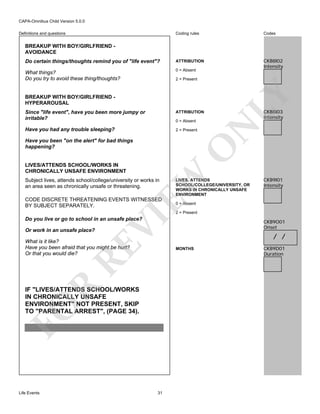 CAPA-Omnibus Child Version 5.0.0
Coding rules

Codes

Do certain things/thoughts remind you of "life event"?

ATTRIBUTION

What things?
Do you try to avoid these thing/thoughts?

0 = Absent

CKB8I02
Intensity

Definitions and questions

BREAKUP WITH BOY/GIRLFRIEND AVOIDANCE

BREAKUP WITH BOY/GIRLFRIEND HYPERAROUSAL
ATTRIBUTION

Have you had any trouble sleeping?

2 = Present

0 = Absent

O

Have you been "on the alert" for bad things
happening?

CKB8I03
Intensity

N

Since "life event", have you been more jumpy or
irritable?

LY

2 = Present

EW

LIVES/ATTENDS SCHOOL/WORKS IN
CHRONICALLY UNSAFE ENVIRONMENT
Subject lives, attends school/college/university or works in
an area seen as chronically unsafe or threatening.

CODE DISCRETE THREATENING EVENTS WITNESSED
BY SUBJECT SEPARATELY.

LIVES, ATTENDS
SCHOOL/COLLEGE/UNIVERSITY, OR
WORKS IN CHRONICALLY UNSAFE
ENVIRONMENT

CKB9I01
Intensity

0 = Absent

VI

2 = Present

Do you live or go to school in an unsafe place?
Or work in an unsafe place?

RE

What is it like?
Have you been afraid that you might be hurt?
Or that you would die?

/ /

R

MONTHS

FO

IF "LIVES/ATTENDS SCHOOL/WORKS
IN CHRONICALLY UNSAFE
ENVIRONMENT" NOT PRESENT, SKIP
TO "PARENTAL ARREST", (PAGE 34).

Life Events

CKB9O01
Onset

31

CKB9D01
Duration

 