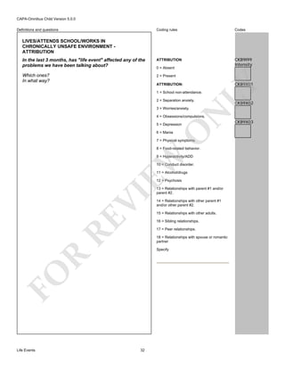 CAPA-Omnibus Child Version 5.0.0
Coding rules

Codes

In the last 3 months, has "life event" affected any of the
problems we have been talking about?

ATTRIBUTION

CKB9I99
Intensity

Which ones?
In what way?

2 = Present

Definitions and questions

LIVES/ATTENDS SCHOOL/WORKS IN
CHRONICALLY UNSAFE ENVIRONMENT ATTRIBUTION

ATTRIBUTION:

CKB9X01

LY

0 = Absent

1 = School non-attendance.
2 = Separation anxiety.

N

3 = Worries/anxiety.

CKB9X02

4 = Obsessions/compulsions.

O

5 = Depression
6 = Mania

7 = Physical symptoms.

8 = Food-related behavior.

EW

9 = Hyperactivity/ADD
10 = Conduct disorder.
11 = Alcohol/drugs

RE

VI

12 = Psychosis

14 = Relationships with other parent #1
and/or other parent #2.
15 = Relationships with other adults.
16 = Sibling relationships.
17 = Peer relationships.
18 = Relationships with spouse or romantic
partner

R

Specify

FO
Life Events

13 = Relationships with parent #1 and/or
parent #2.

32

CKB9X03

 