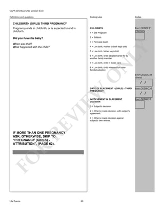 CAPA-Omnibus Child Version 5.0.0
Coding rules

Codes

Pregnancy ends in childbrith, or is expected to end in
childbirth.

CHILDBIRTH

Ever:CKD3E31
Intensity

Did you have the baby?

2 = Stillbirth

Definitions and questions

CHILDBIRTH (GIRLS) THIRD PREGNANCY

1 = Still Pregnant

3 = Perinatal death

When was that?
What happened wtih the child?

LY

4 = Live birth, mother or both kept child
5 = Live birth, father kept child

6 = Live birth, child adopted/cared for by
another family member

N

7 = Live birth, child in foster care

O

8 = Live birth, child released for extrafamilial adoption

Ever:CKD3O31
Onset

/ /
Ever:CKD4O31

INVOLVEMENT IN PLACEMENT
DECISION

Ever:CKD4I31

EW

DATE OF PLACEMENT - (GIRLS) - THIRD
PREGNANCY

RE

VI

0 = Subject's decision

FO

R

IF MORE THAN ONE PREGNANCY
ASK. OTHERWISE, SKIP TO
"PREGNANCY (GIRLS) ATTRIBUTION", (PAGE 62).

Life Events

60

2 = Other(s) made decision, with subject's
agreement.
3 = Other(s) made decision against
subject's own wishes.

/ /

 