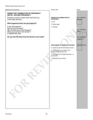 CAPA-Omnibus Child Version 5.0.0
Coding rules

Codes

PREMATURE TERMINATION OF
PREGNANCY

Definitions and questions

Ever:CKD8E21
Intensity

PREMATURE TERMINATION OF PREGNANCY
(BOYS) - SECOND PREGNANCY
Pregnancy ends for reason other than birth (e.g.
miscarriage abortion).

0 = No

What happened when she got pregnant?
Is she still pregnant?
Did she have the baby?
Who decided what should happen?
Were you involved in the decision?
IF ABORTION, ASK:

3 = Abortion

LY

2 = Miscarriage

Ever:CKD8O21
Onset

/ /

O

N

Do you feel OK about how the decision was made?

INVOLVEMENT IN ABORTION DECISION
0 = Aware an part of the decision process.

EW

2 = Informed but not involved in the
decision though willing to be.
3 = Not informed until after termination, or
not involved.

FO

R

RE

VI

4 = Refused to be involved.

Life Events

69

Ever:CKD8X21
Frequency

Ever:CKD8X22

 