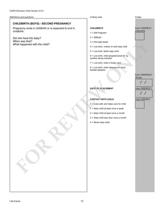 CAPA-Omnibus Child Version 5.0.0
Coding rules

Codes

Pregnancy ends in childbirth or is expected to end in
childbirth.

CHILDBIRTH

Ever:CKD9E21
Intensity

Did she have the baby?
When was that?
What happened with the child?

2 = Stillbirth

Definitions and questions

CHILDBIRTH (BOYS) - SECOND PREGNANCY

1 = Still Pregnant

3 = Perinatal death

LY

4 = Live birth, mother or both kept child
5 = Live birth, father kept child

6 = Live birth, child adopted/cared for by
another family member

N

7 = Live birth, child in foster care

O

8 = Live birth, child released for extrafamilial adoption

EW

DATE OF PLACEMENT

CONTACT WITH CHILD
0 = Lives with and helps care for child

FO

R

RE

VI

1 = Sees child at least once a week

Life Events

70

2 = Sees child at least once a month
3 = Sees child less than once a month
4 = Never sees child

Ever:CKD9O21
Onset

/ /
Ever:CKE0O21

/ /
Ever:CKE0I21

 